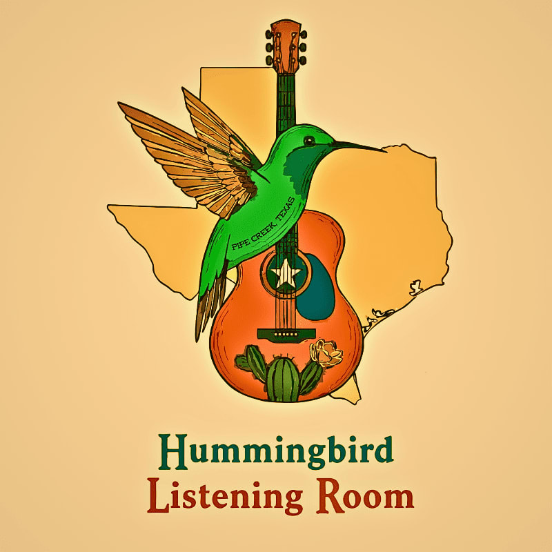 A vibrant green hummingbird hovers over an acoustic guitar adorned with a Texas star and cactus, all set against the outline of Texas.