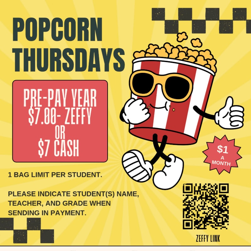 A cool popcorn character wearing sunglasses stands in the foreground next to payment details, set against a yellow background with black checkered patterns.