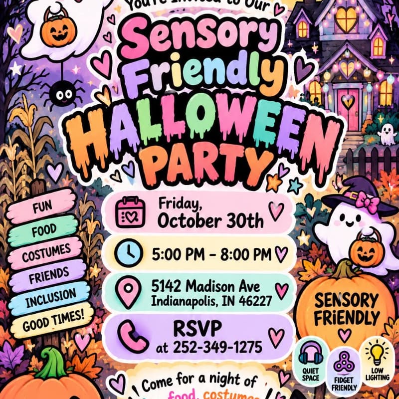 A colorful invitation for a Sensory Friendly Halloween Party features event details in the foreground against a whimsical background of a haunted house, pumpkins, and autumn leaves.