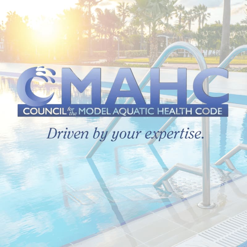 The CMAHC logo and the text "Driven by your expertise" are overlaid on a bright, sunny scene of a swimming pool with palm trees in the background.