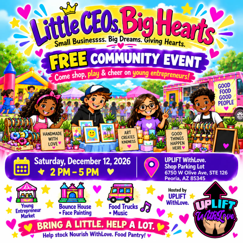 A colorful event flyer for "Little CEOs, Big Hearts" features diverse children selling crafts at a market in the foreground, set against a vibrant outdoor background with a food truck and bounce house.