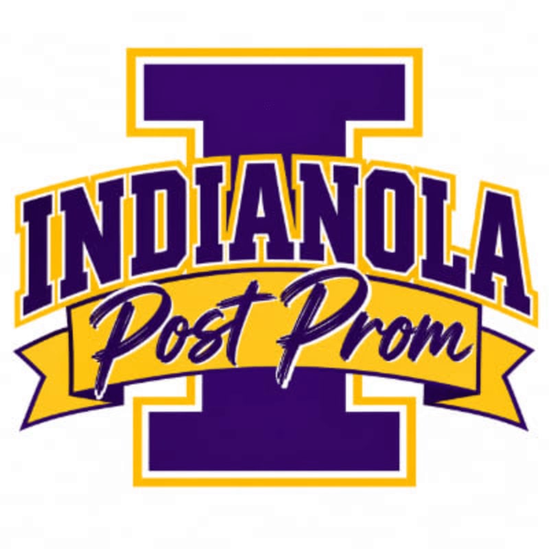 A large purple "I" with a yellow outline is in the background, while "INDIANOLA Post Prom" is written in yellow and purple text across a yellow banner in the foreground.