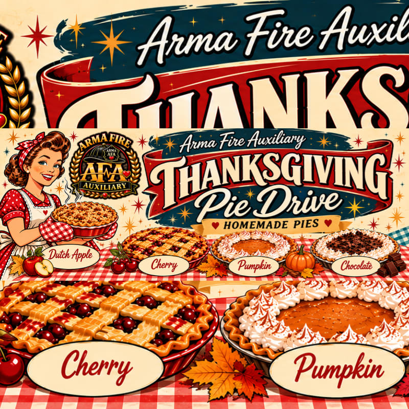 Various homemade pies sit on a red-and-white checkered tablecloth in the foreground, while a vintage-style Thanksgiving Pie Drive advertisement fills the background.