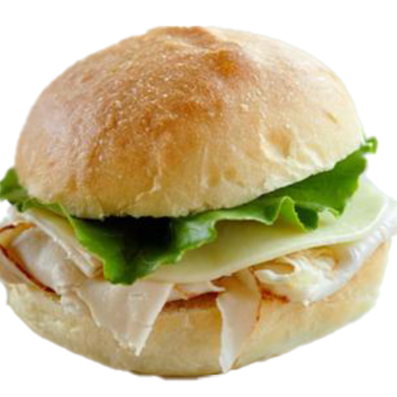 A turkey sandwich with lettuce and cheese on a bun is set against a plain white background.