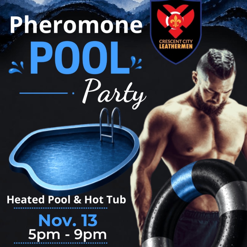 A muscular man and a small blue pool occupy the foreground against a dark, textured background with event text and a logo.
