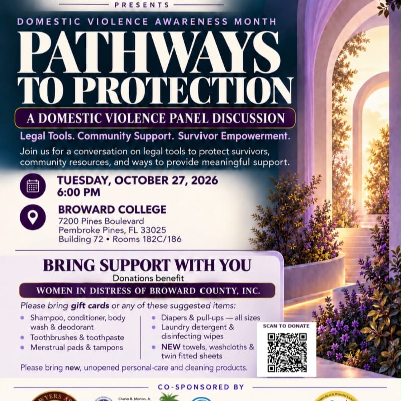 An event flyer for a domestic violence panel discussion is set against a background featuring a sunlit, arched walkway with lush greenery.