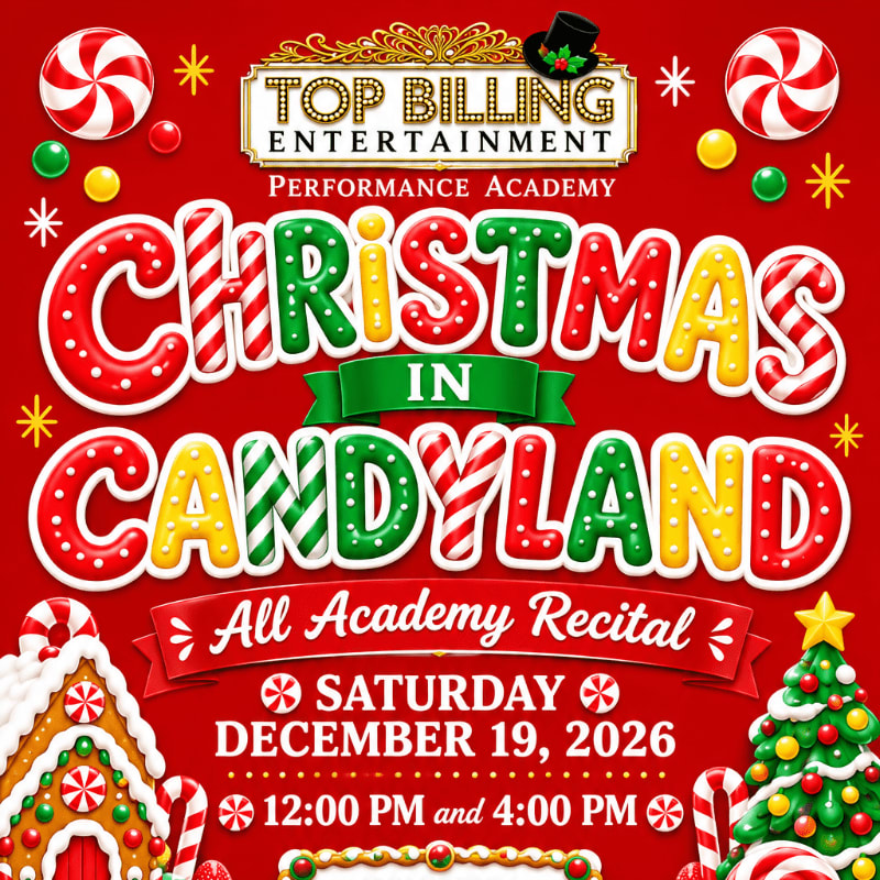 Colorful "Christmas in Candyland" text and event details are set against a red background adorned with peppermint candies, a gingerbread house, and a decorated Christmas tree.