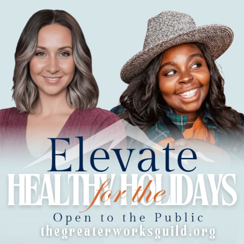 Two smiling women stand in the foreground above promotional text for "Elevate Healthy for the Holidays" against a plain light blue background.