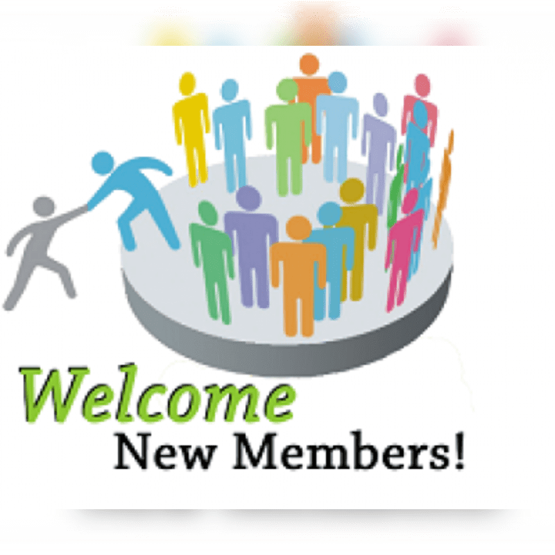 A blue figure helps a grey figure climb onto a circular platform filled with colorful figures, with the text "Welcome New Members!" written below against a white background.