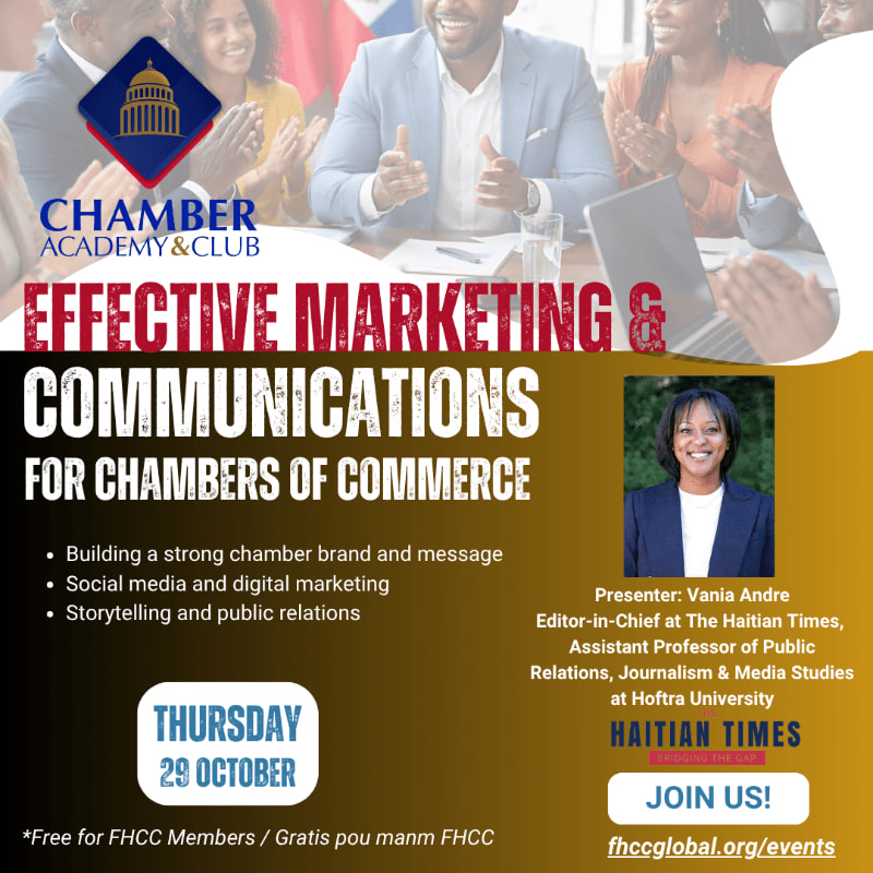 A promotional flyer for a marketing and communications seminar features a professional group in the background and event details with a presenter's photo in the foreground.