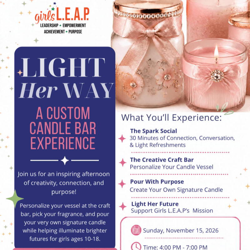 A promotional flyer for a custom candle bar experience features event details and text on the left and a collection of decorative pink candles in the background.
