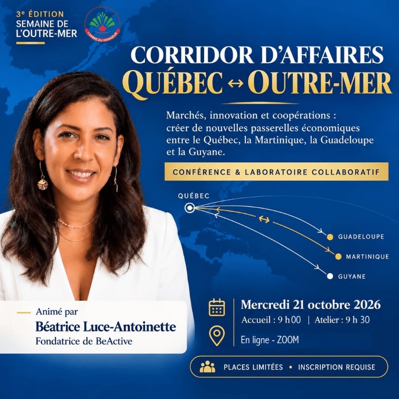 A smiling woman in a white blazer stands in the foreground against a blue background featuring event text and a map illustrating business corridors between Québec and overseas territories.