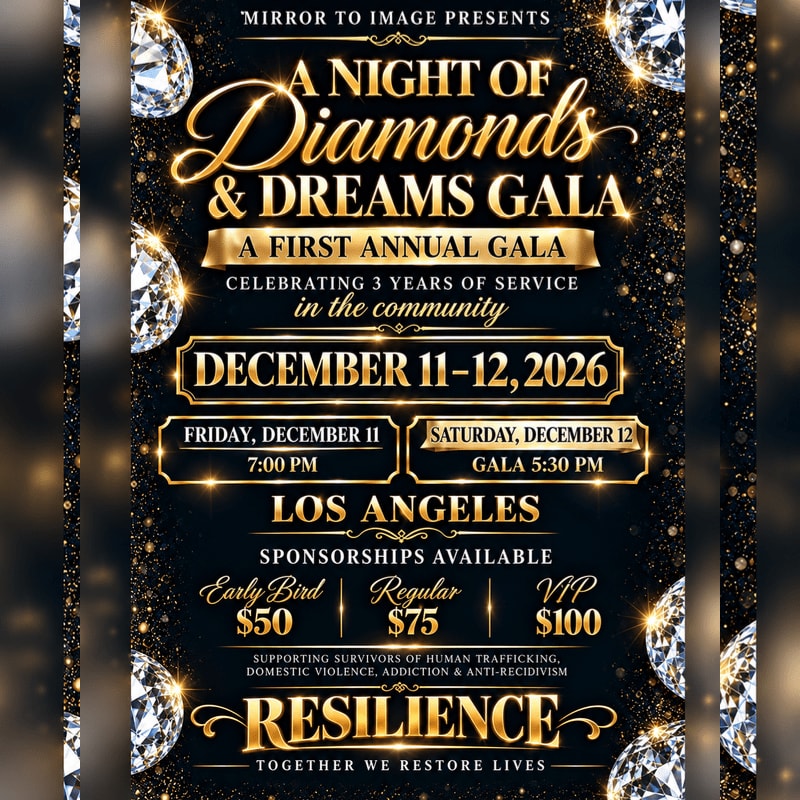 Gold and white text announcing a gala event sits in the foreground against a dark, sparkling background adorned with shimmering diamonds.