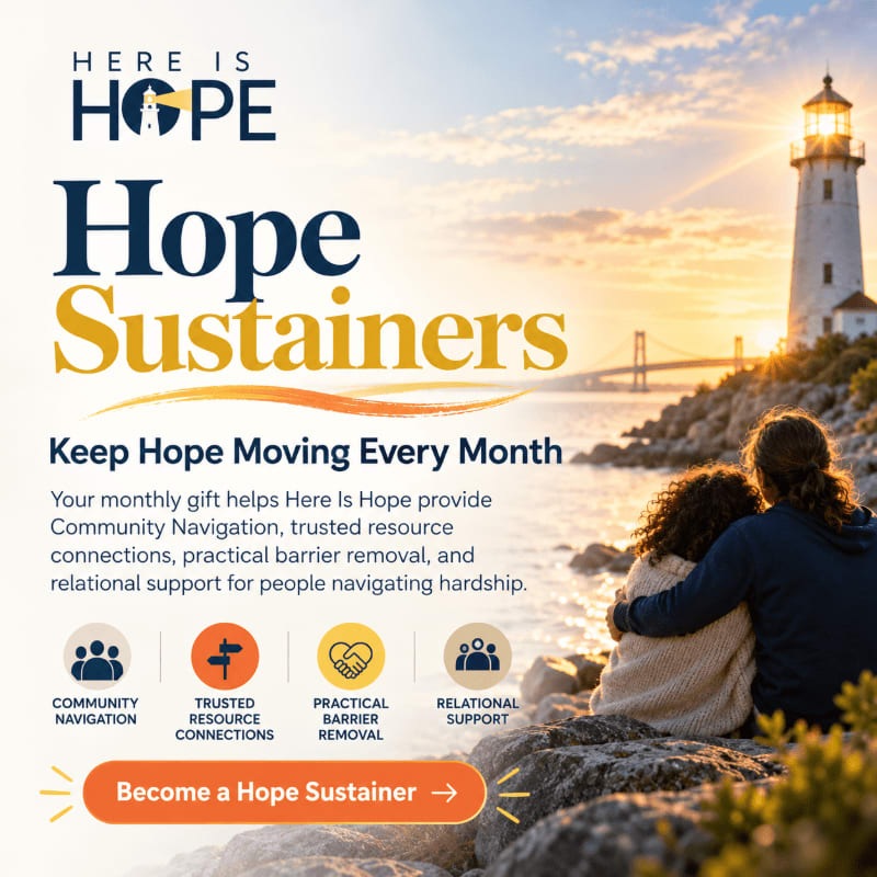 Text promoting "Hope Sustainers" is overlaid on a scene of a couple embracing in the foreground with a lighthouse and bridge in the background.