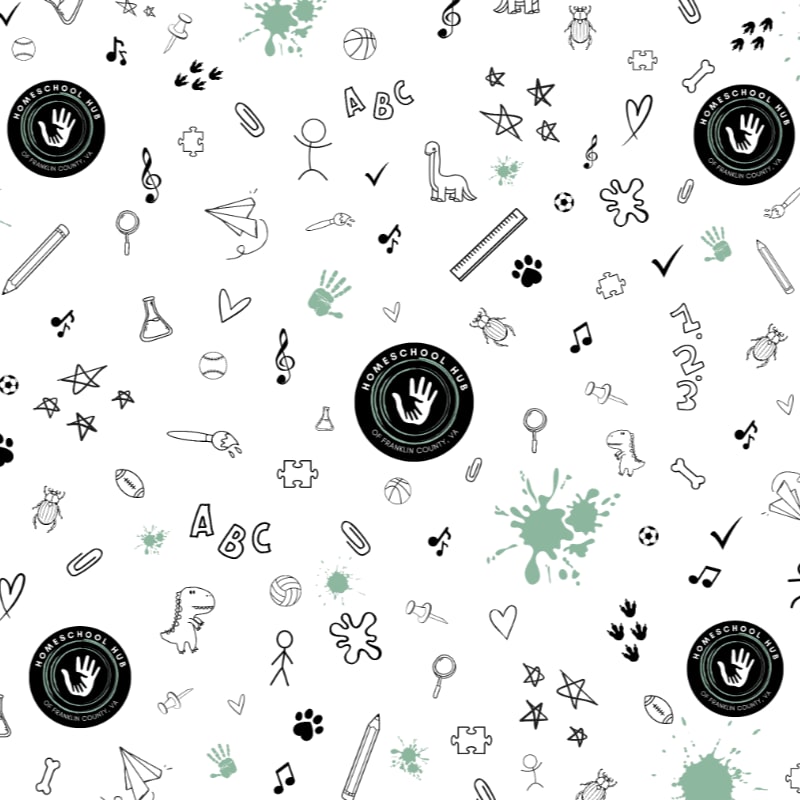 Various school-related doodles and "Homeschool Hub" logos are scattered across a white background with light green paint splatters.