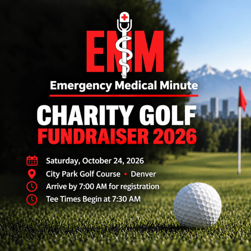 A golf ball sits in the grassy foreground of a course, with a red flag and distant mountains in the background, overlaid with text for an Emergency Medical Minute charity golf fundraiser.