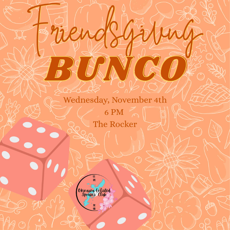 Two red dice sit in the foreground of an orange background filled with white autumn-themed line drawings and event text.