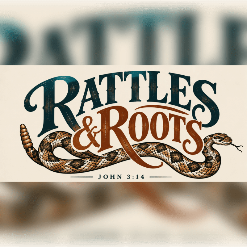 A stylized logo featuring the text "Rattles & Roots" and "John 3:14" with a rattlesnake winding through the foreground against a blurred, neutral background.