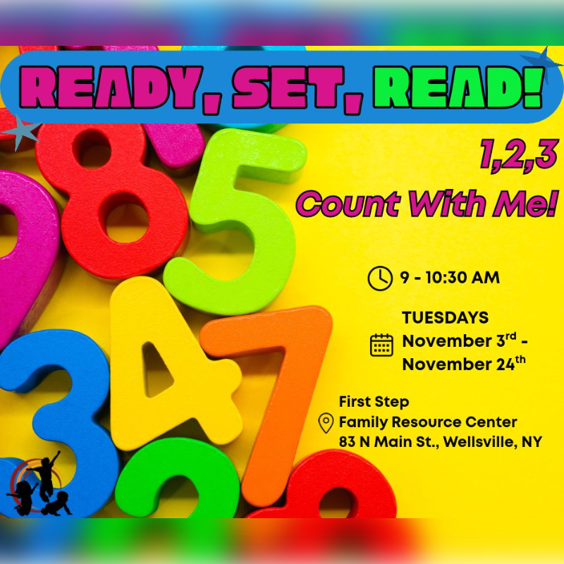 Colorful 3D numbers are scattered in the foreground against a bright yellow background featuring event details for "Ready, Set, Read!".