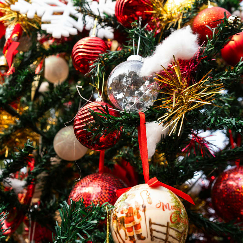 A close up of a christmas tree with ornaments