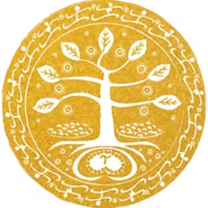 A stylized white tree with leaves and roots is centered on a textured golden circular background, framed by an intricate border of small figures and dots.