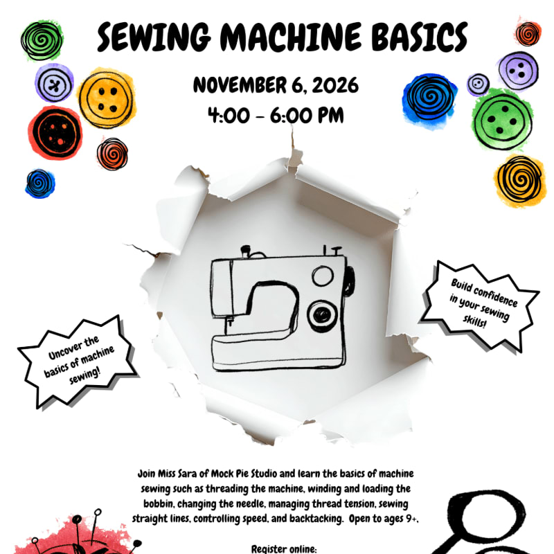 A line drawing of a sewing machine appears through a torn hole in a white background, surrounded by colorful buttons and promotional text for a sewing class.