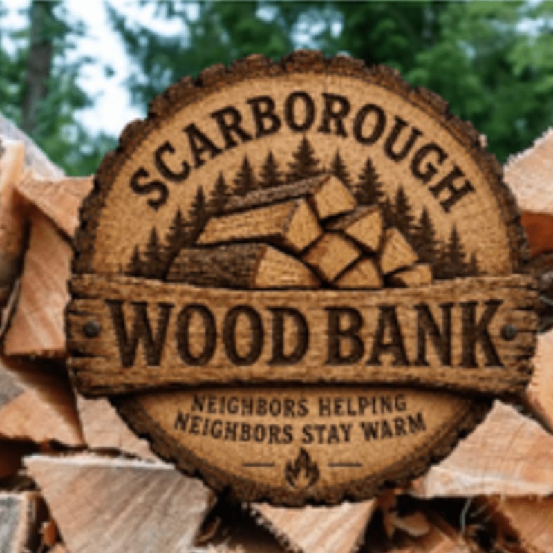 A circular wooden sign for the "Scarborough Wood Bank" sits in the foreground against a background of stacked firewood and blurred green trees.