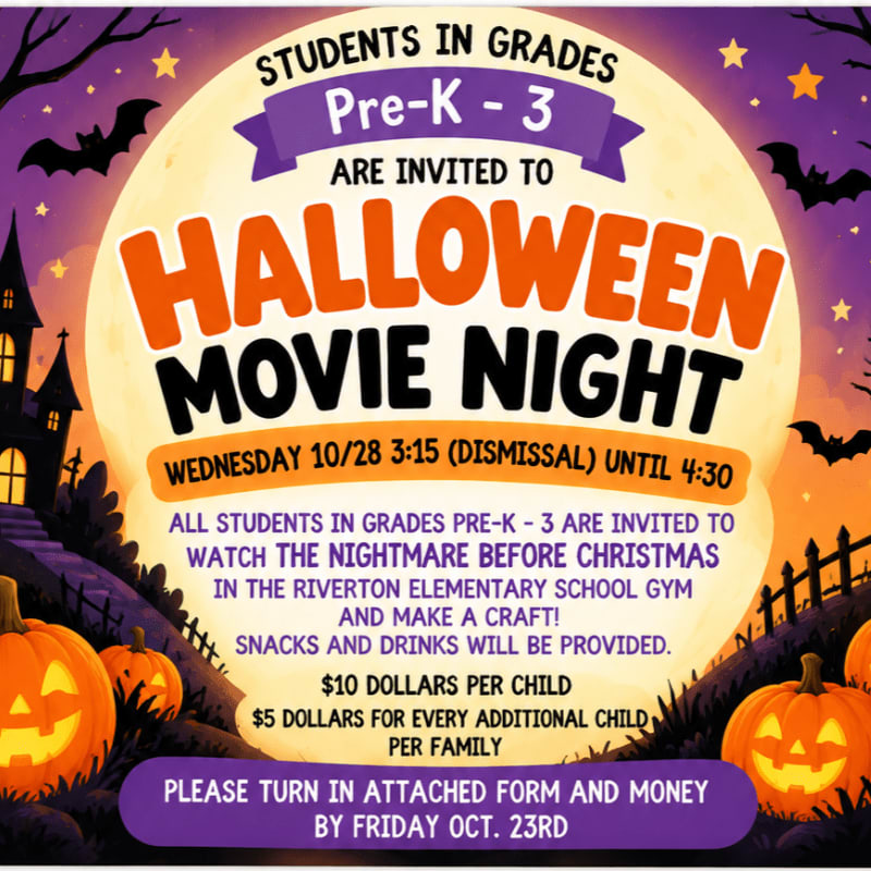 A Halloween movie night flyer features orange text and event details in the center, framed by carved pumpkins in the foreground and a spooky silhouette of a house and bats against a purple night sky in the background.