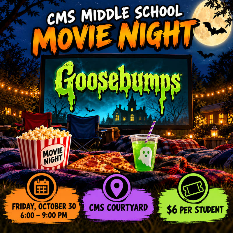 A movie screen displaying "Goosebumps" sits behind a cozy outdoor setup of popcorn, pizza, and drinks on a blanket, all set against a spooky night sky with a full moon and bats.