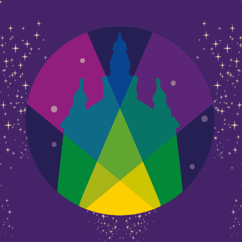 A colorful silhouette of a building is centered within a multi-colored circle, set against a dark purple background adorned with sparkling stars.