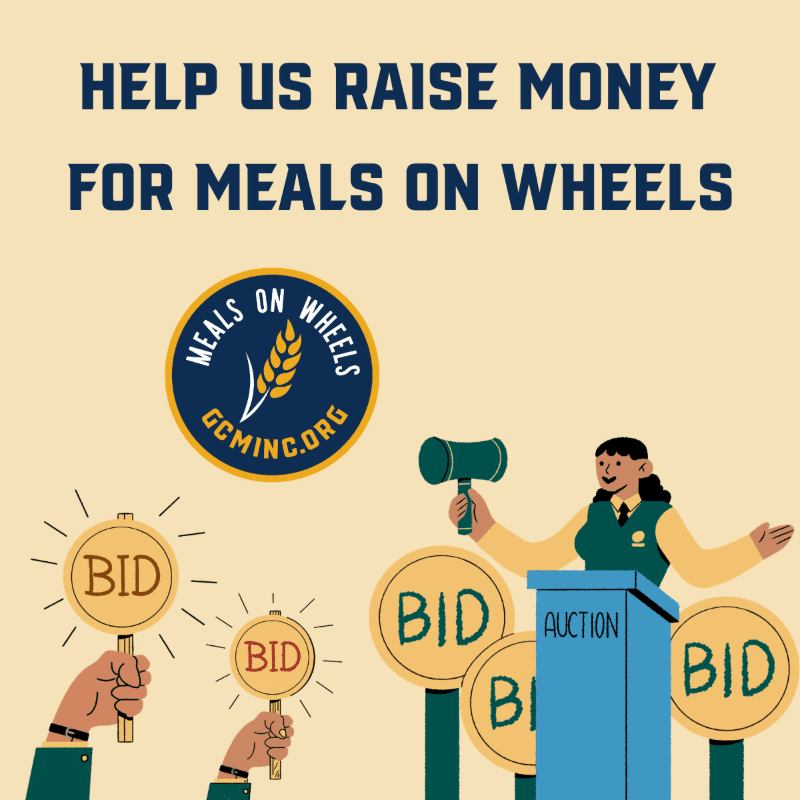 An auctioneer stands behind a blue podium with a gavel in the foreground, set against a light yellow background featuring the "Meals on Wheels" logo and fundraising text.