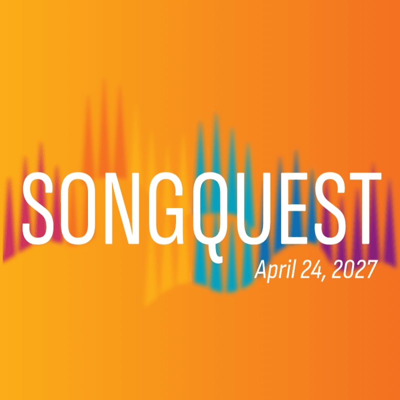 White text reading "SONGQUEST" and "April 24, 2027" sits atop a colorful soundwave graphic against a vibrant orange gradient background.