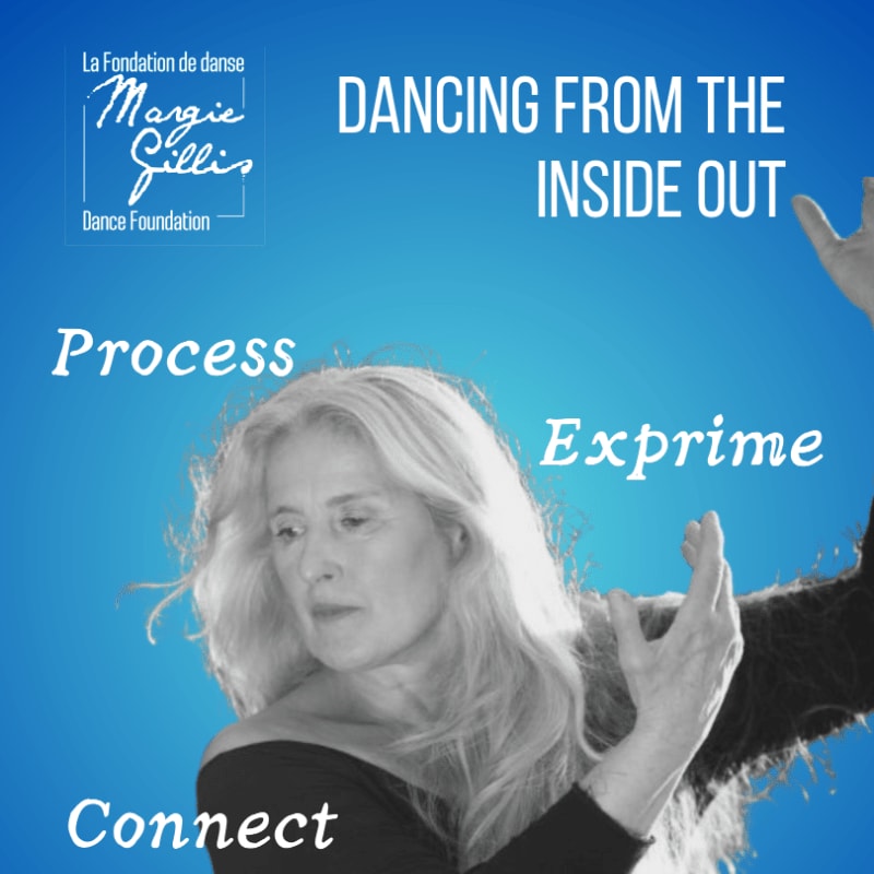 A black and white portrait of a woman with expressive hands is set against a blue background featuring the text "DANCING FROM THE INSIDE OUT," "Process," "Exprime," and "Connect."