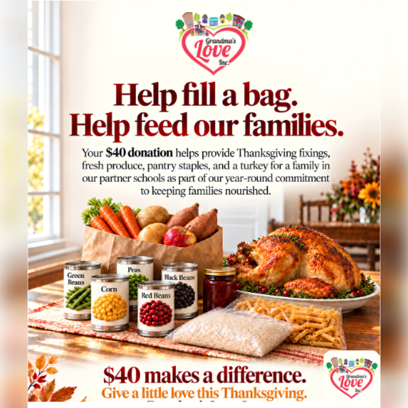 A brown paper bag of fresh produce and canned goods sits beside a roasted turkey on a wooden table, set against a bright indoor background with a window and autumn flowers.