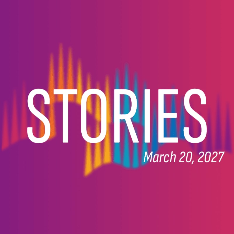 The word "STORIES" and the date "March 20, 2027" in white text sit atop a colorful soundwave graphic against a purple and pink gradient background.