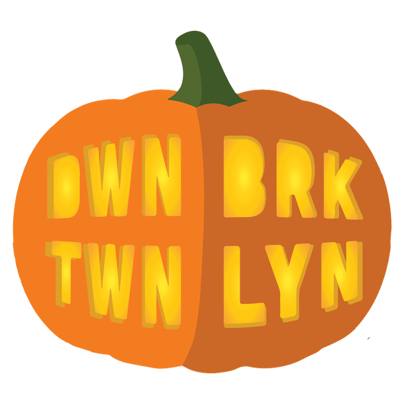 An orange pumpkin with the words "OWN BRK TWN LYN" carved into it sits against a plain white background.