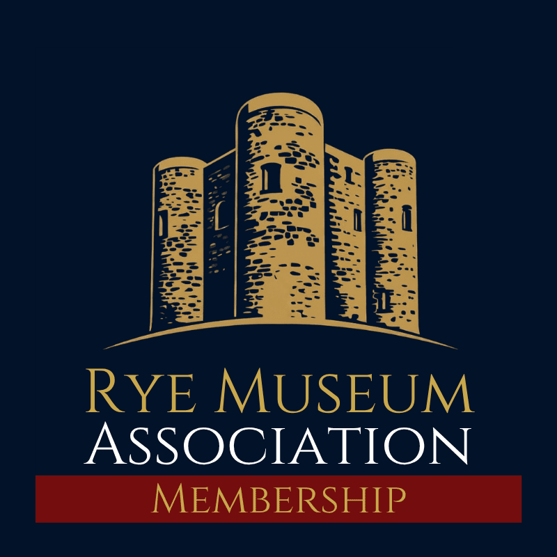 A gold illustration of a castle sits above the text "RYE MUSEUM ASSOCIATION MEMBERSHIP" against a dark blue background.