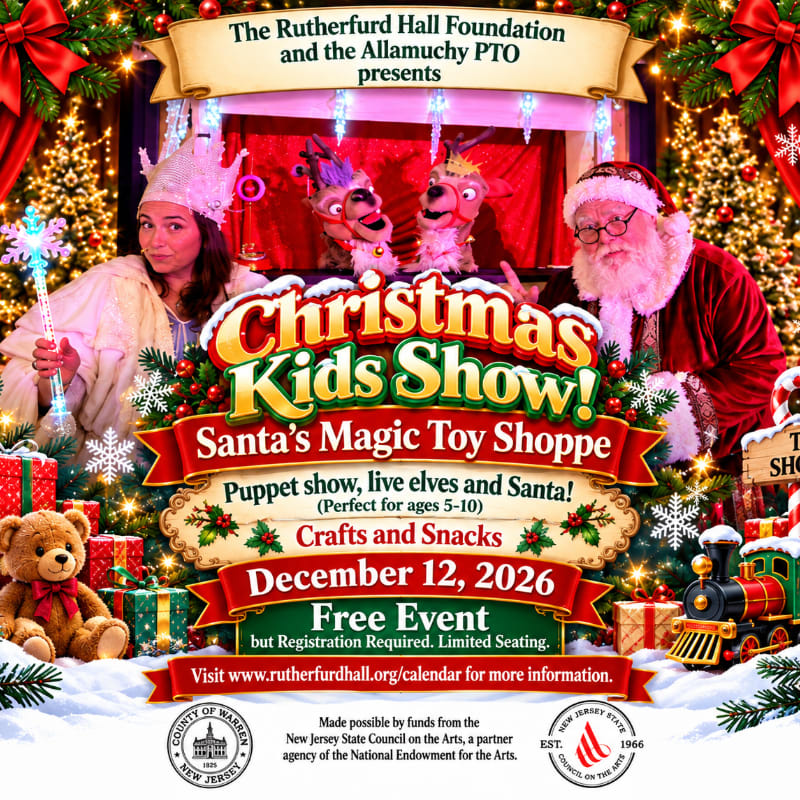 A promotional poster for a "Christmas Kids Show" features Santa, a woman in a crown, and puppets in the foreground against a backdrop of glowing Christmas trees.