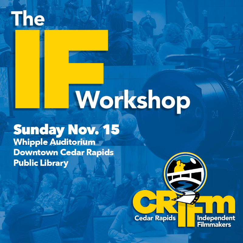 Yellow and white text advertising "The IF Workshop" sits in the foreground over a blue-tinted background featuring a camera lens and a crowd of people.