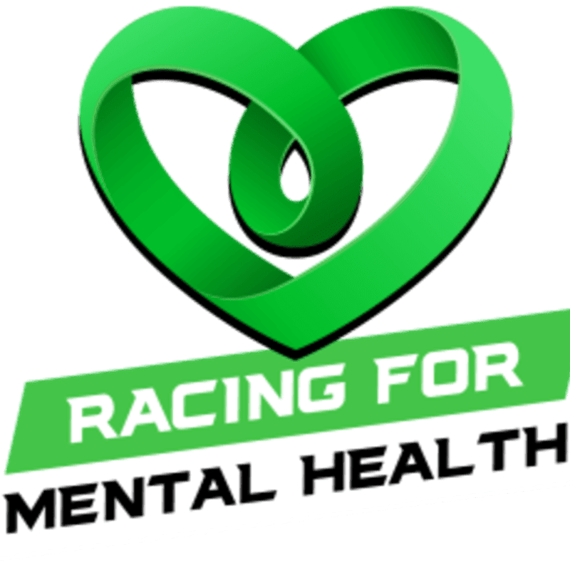 A green infinity heart hovers above a green banner with white text reading "RACING FOR MENTAL HEALTH" on a white background.