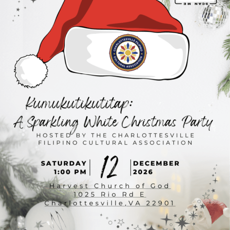 A red Santa hat with a cultural association logo sits above event text for a "Sparkling White Christmas Party" against a festive white background with pine branches and ornaments.