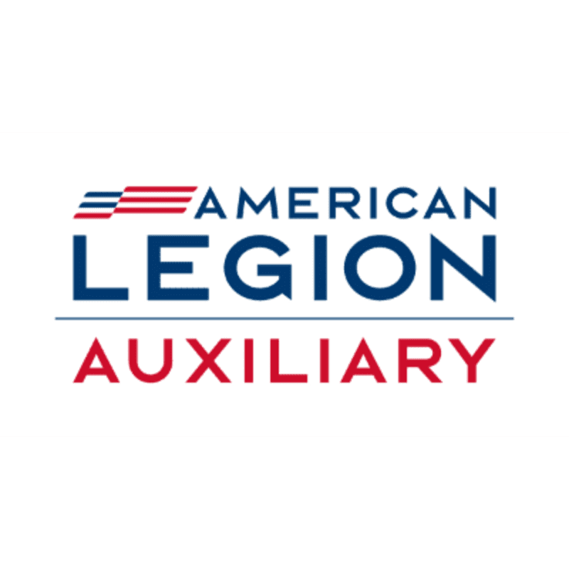 The foreground displays the words "AMERICAN LEGION AUXILIARY" in bold blue and red lettering, with a stylized American flag above "AMERICAN" and a thin black line separating "LEGION" from "AUXILIARY," all set against a plain white background.
