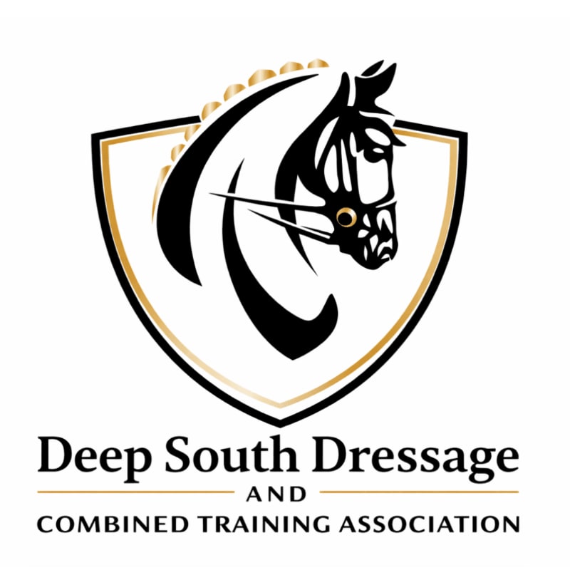 A stylized black and gold horse head inside a shield sits above the text "Deep South Dressage AND Combined Training Association" against a plain white background.
