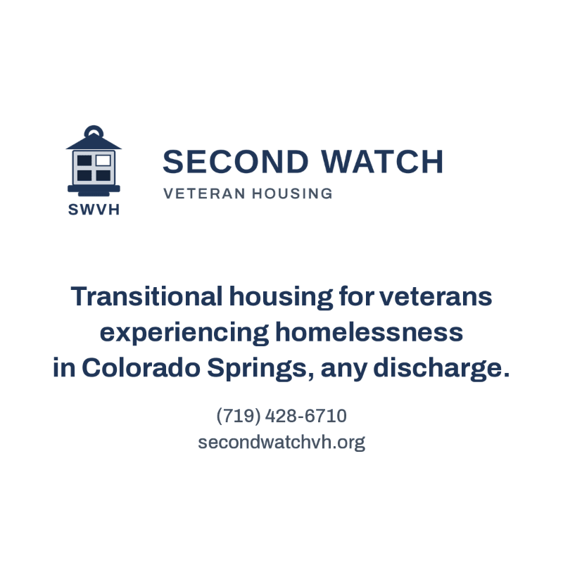 Dark blue text and a house logo for "Second Watch Veteran Housing" are centered on a plain white background.