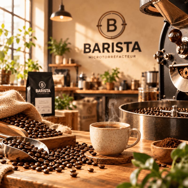 A steaming cup of coffee and roasted beans sit on a wooden counter in the foreground, with a coffee roasting machine and a "BARISTA" logo on the wall in the background.