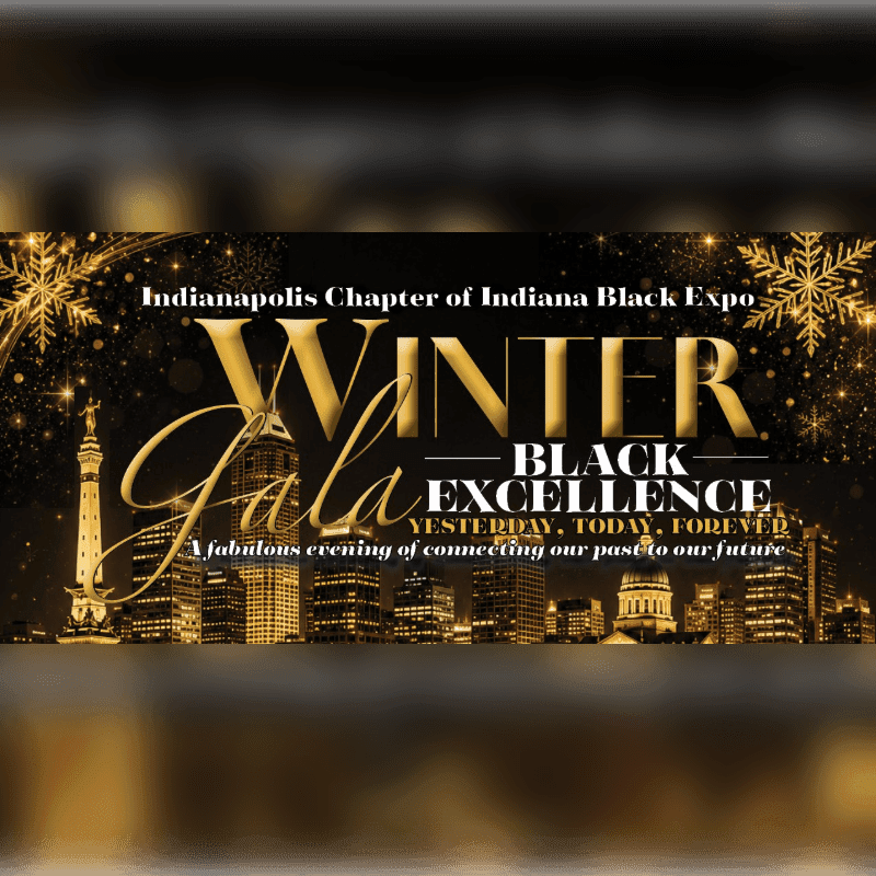 Gold and white text announcing a "Winter Gala" for Black Excellence sits in the foreground over a nighttime city skyline and festive snowflakes in the background.