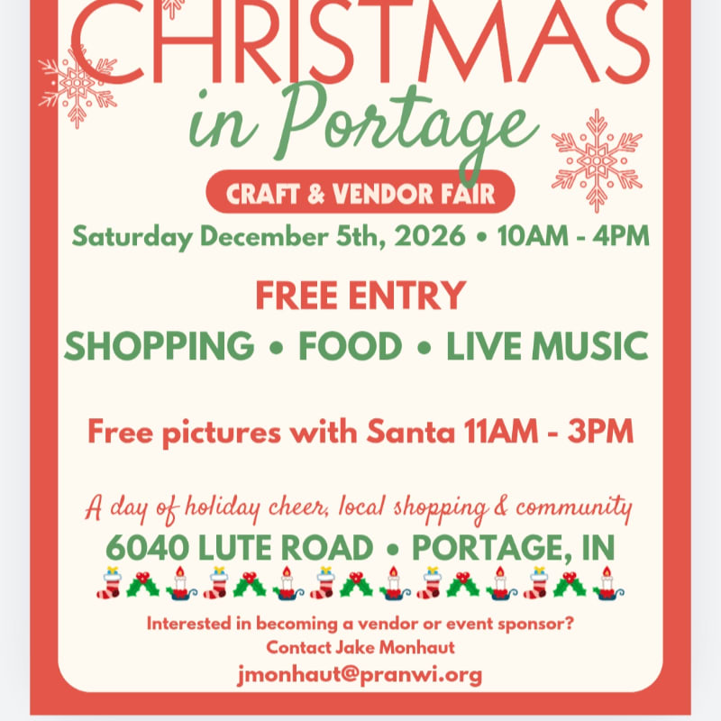 Red and green event text for a "Christmas in Portage" craft and vendor fair is centered on a white background with a red border.