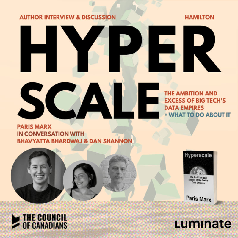 Bold black text reading "HYPER SCALE" and portraits of three speakers sit in the foreground against a light beige background featuring abstract 3D cubes.