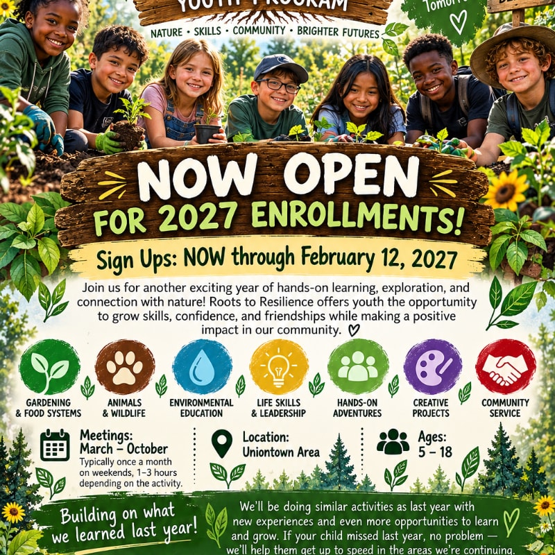 A group of smiling children gardening in the foreground is set against a lush green background with a promotional flyer for a youth program.