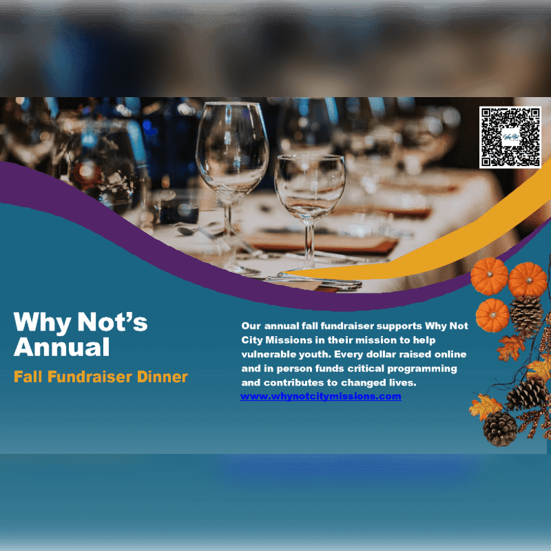 A promotional flyer for a fall fundraiser dinner features text and autumn decorations in the foreground over a blurred background of set dining tables with wine glasses.